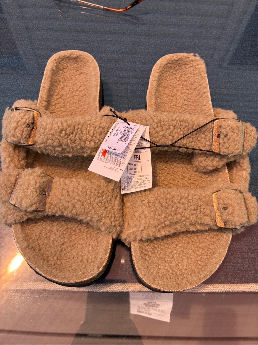 GAP Shearling-Look Double Strap Slide Sandals in Camel
